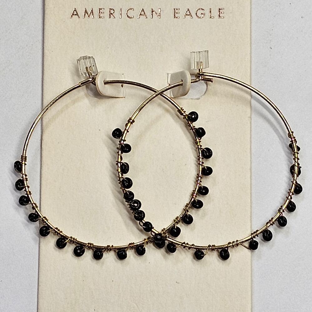 American Eagle Outfitters AEO Wire Wrapped Black Beaded Hoop Earrings NEW